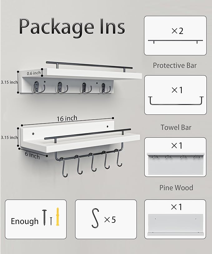 2 Floating Shelves with Hooks, Wall Mounted Coat Rack, Bathroom Shelf with Removable Towel Bar, Hanging Shelves with 9 Hooks, White