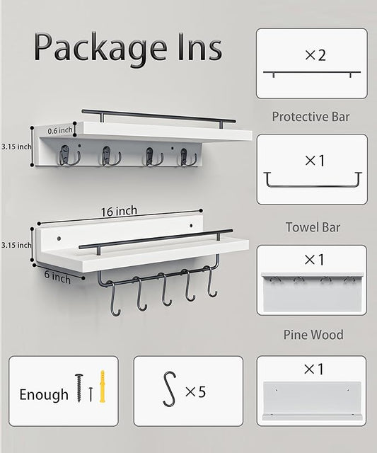 2 Floating Shelves with Hooks, Wall Mounted Coat Rack, Bathroom Shelf with Removable Towel Bar, Hanging Shelves with 9 Hooks, White