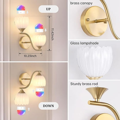 Battery Operated Wall Sconce, 2-Lights Vinatge Brass Wall Lighting with White Tluip Shade Rechargeable Bulb with Remote for Living Room, Bedroom