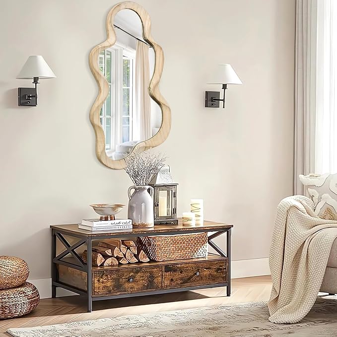 Asymmetrical Cloud Wavy Mirror, Large Irregular Wall Mirror, Modern Wood Frame, Unique Artistic Mirrors, Cute and Stylish, Decorative for Cloakroom, Bedroom, Living Room, Bathroom, Entryway