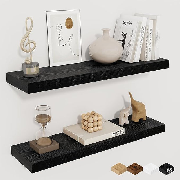 Fun Memories Floating Shelves for Wall, 24" Rustic Wood Deep Wall Mounted Shelves with Invisible Brackets for Decor & Storage, Floating Shelf for Living Room, Bathroom (Black, Set of 2)