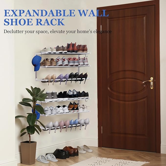 2 Pack Wall Mounted Shoe Rack, 3 Tier Hanging Shoe Rack Holds 24 Pairs, 17"-30"Adjustable Heavy Duty Metal Shoe Organizer Holder with 4 Storage Hooks, Space Saving for Closet Entryway Doorway（White)