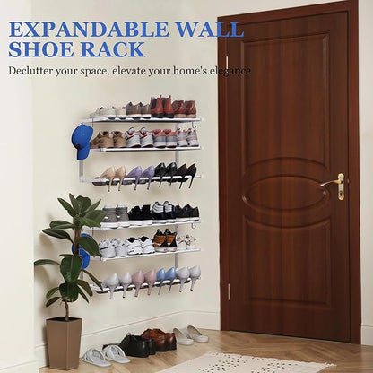 3 Pack Wall Mounted Shoe Rack, 3 Tier Hanging Shoe Rack Holds 36 Pairs, 17"-30"Adjustable Heavy Duty Metal Shoe Organizer Holder with 6 Storage Hooks, Space Saving for Closet Entryway Doorway（White)