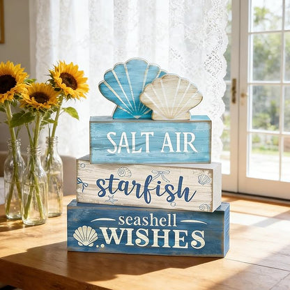 4 Pcs Coastal Summer Beach Tiered Tray Decor Rustic Wooden Nautical Centerpiece Set with Shell Starfish Farmhouse Style Beach Room Decor Summer Tiered Tray Decor
