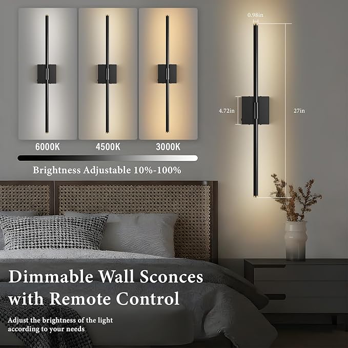 Wall Sconces Set of 2 Battery Operated, Wireless USB 8000mAh Rechargeable Wall Lights with Remote Control,3000K-6000K LED Dimmable Decor Lamp for Living Room,Bedroom,Hallway (27in Black)