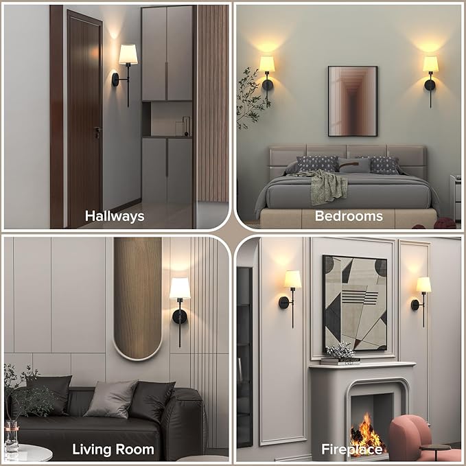 Battery Operated Wall Sconce Lights Set of Two, Rechargeable Powered Wall Lamp with RGB Bulbs, Wireless Decor Wall Sconces with Dimmable Remote Control, for Bedroom Living Room (Black)