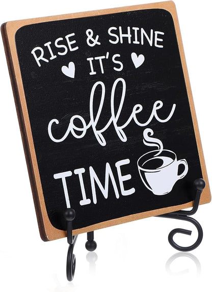 Coffee Bar Sign Decor 4"X 4" Rise & Shine It's Coffee Time Wooden Plaque for Home Kitchen Bar Tabletop Rustic Farmhouse Wood Cafe Signs with Stand for Cafe Corner Shelf Table Decorations