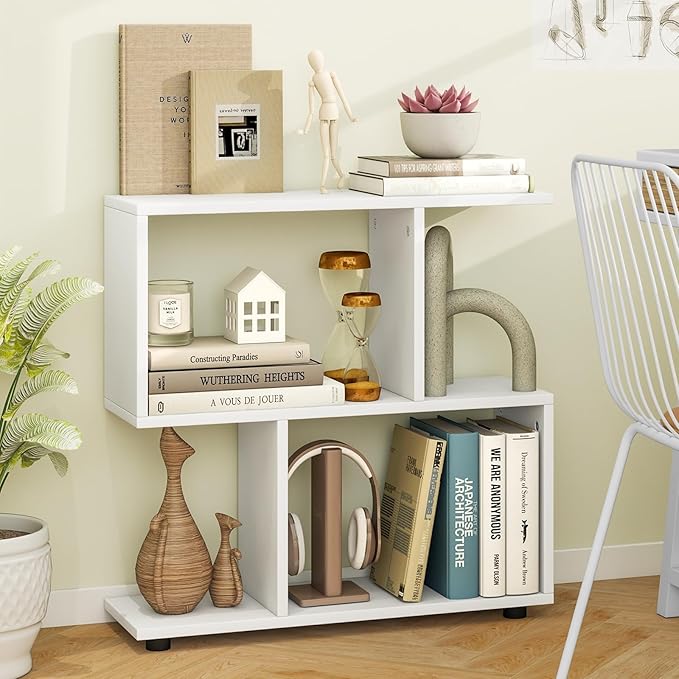 LOKO 3-Tier Geometric Bookshelf Set of 2, S-Shaped Open Bookcase, Freestanding Decorative Storage Shelving, Home Storage Organizer for Living Room, Bedroom, Home Office (2, White)