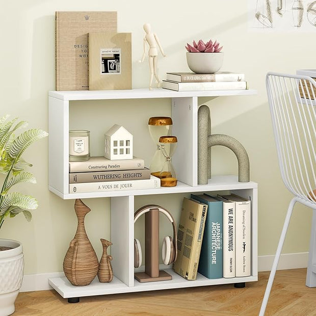 LOKO 3-Tier Geometric Bookshelf, S-Shaped Open Bookcase, Freestanding Decorative Storage Shelving, Home Storage Organizer for Living Room, Bedroom, Home Office (1, White)