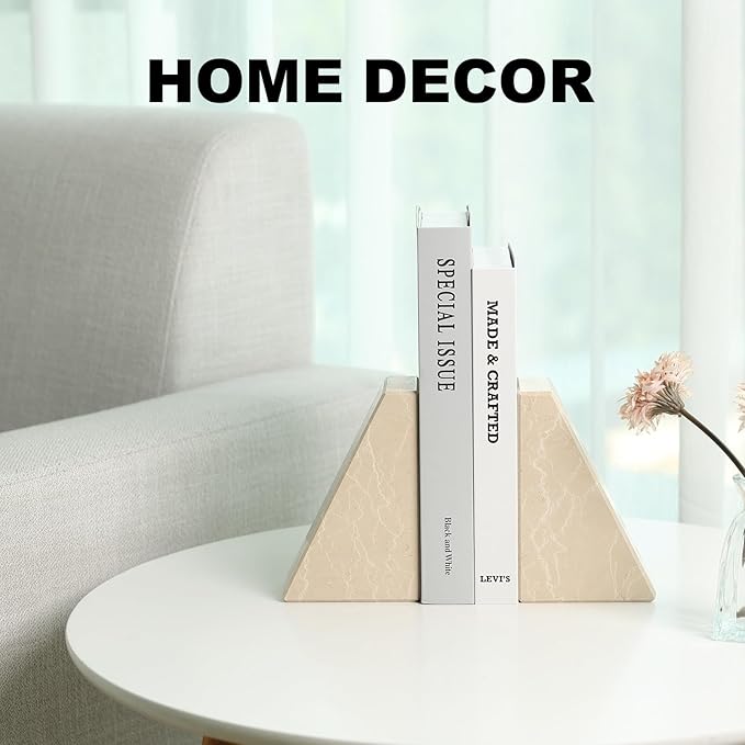 Marble Bookends for Heavy Books, Decorative Book Ends for Shelves, Durable and Heavy-Duty Stone Bookends for Hardback Book & CDS, Unique Book Stopper & Holder, New Jura Beige-Vein, Set of 2