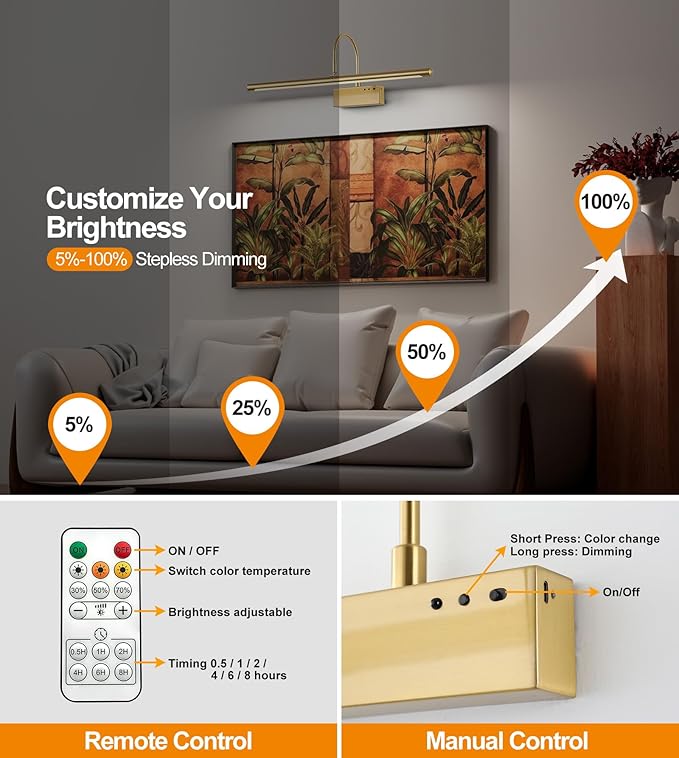 Battery Operated Picture Light with Remote, 24 inch Wireless Rechargeable Art Light with Timer, Dimmable 3CCT Gallery Lighting for Paintings, Portraits, and Canvas (Brass, 23.6inch)