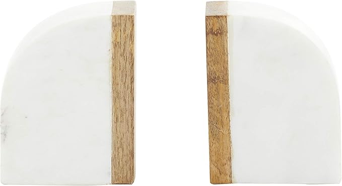 Deco 79 Marble Decorative Bookends 5 lbs Non Skid Bookends with Wood Details, Set of 2 Office Bookends4"W, 5"H, White