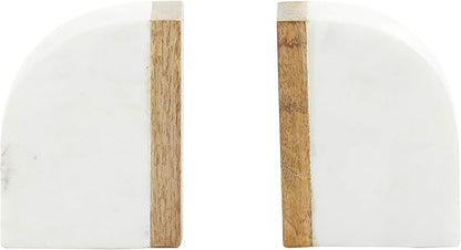 Deco 79 Marble Decorative Bookends 5 lbs Non Skid Bookends with Wood Details, Set of 2 Office Bookends4"W, 5"H, White