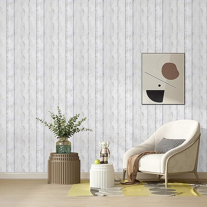 White Gray Wood Wallpaper 17.71 in X 393 in Peel and Stick Removable Decorative Vintage Wood Grey Plank Wall Paper Self-Adhesive Interior Vinyl Film Shiplap for Halloween and Christmas Home Decoration