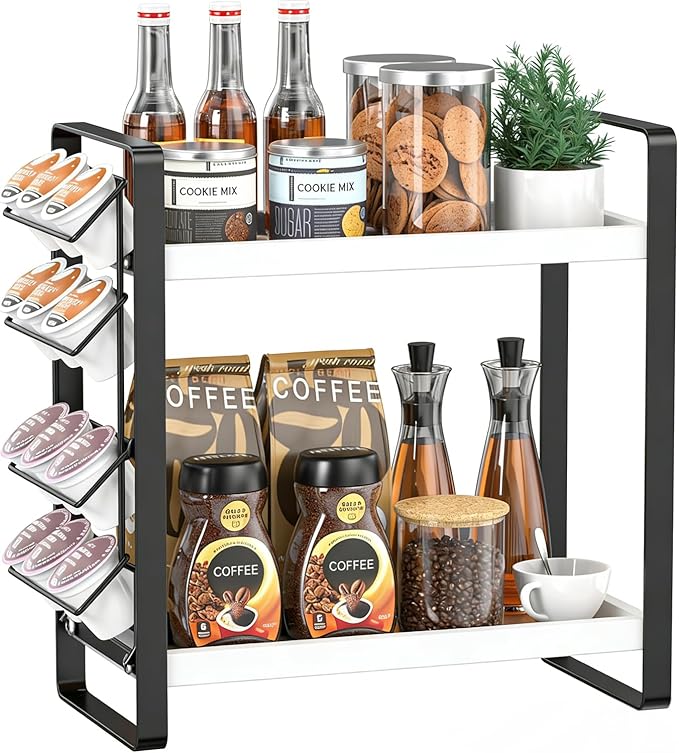 LEMIKKLE Coffee Station Organizer for Counter, Coffee Pods Holder Storage, Wooden Kitchen Counter Shelf, (WHITE)