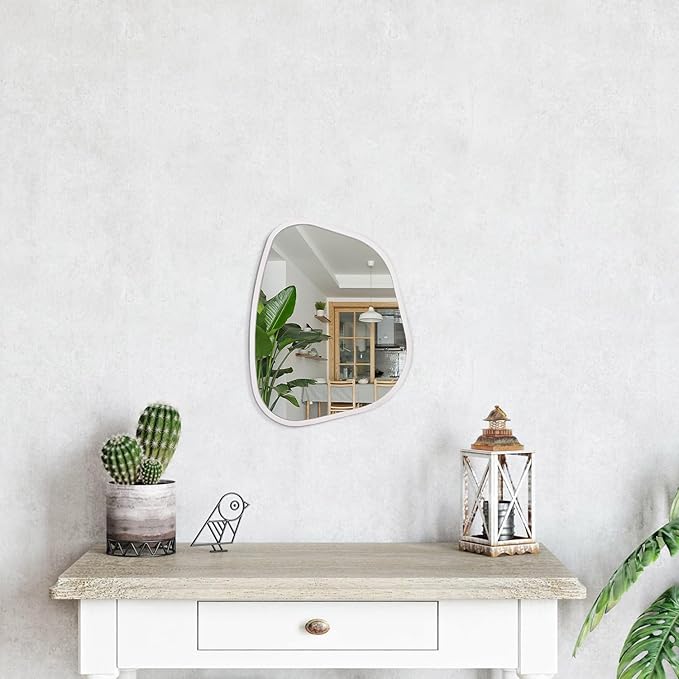 White Irregular Bathroom Mirror Modern Oval Wall Mirror Asymmetrical Wooden Framed Wall Mirror Unique Shape Wall Mounted Vanity Artistic Mirror Decor for Living Room Bedroom Entryway Small 14