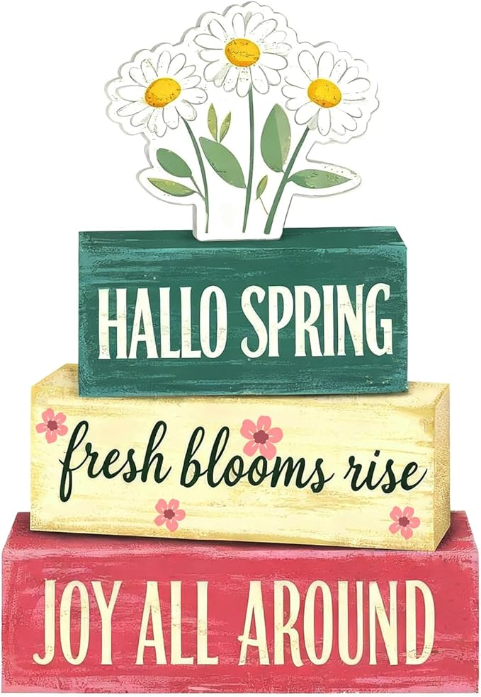 Spring Decoration Wooden Tiered Tray Decor – Rustic Hallo Spring Stacked Block Sign with Daisy Flower Topper – Farmhouse Tabletop Spring Decor for Living Room Shelf Kitchen Coffee Bar Seasonal Home Display