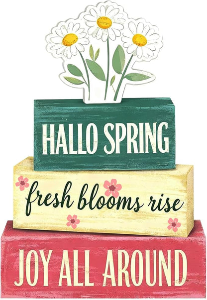 Spring Decoration Wooden Tiered Tray Decor – Rustic Hallo Spring Stacked Block Sign with Daisy Flower Topper – Farmhouse Tabletop Spring Decor for Living Room Shelf Kitchen Coffee Bar Seasonal Home Display