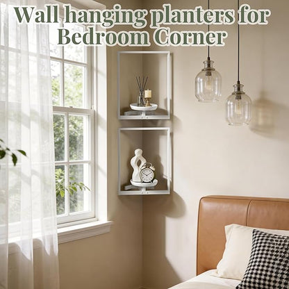 BXF Corner Wall Planters for Indoor Plants, 90 Degree Floating Shelves. Heavy Duty Mounted Holder, Minimalist Hanging Decor. Window Shelf Fits 4-7 Inch Pots (White, Frame 2 Pack)