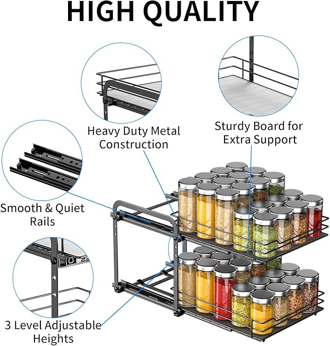 RCHYFEED Spice Rack Organizer for Cabinet, 2 Tier Pull Out Spice Racks for Inside Cabinets & Pantry, Height Adjustable Heavy Duty Vertical Spice Shelf for Seasoning Organizer(9.5