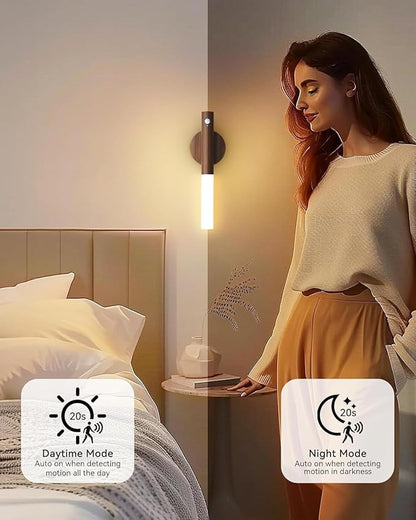 Battery-Operated Motion Sensor Night Lights: 2200mAh Rechargeable Wall Sconces Magnetic Wall Lights Wireless Stairway Lights Portable Hallway Light Wooden Wall Lighting for Bedroom Stair Picture