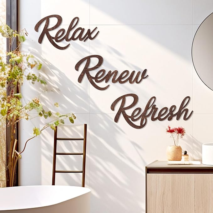 3 Pieces Bathroom Decor Wooden Bathroom Sign,Relax Renew Refresh Sign (Brown)