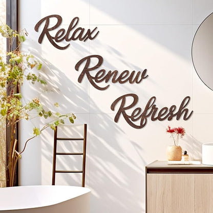 3 Pieces Bathroom Decor Wooden Bathroom Sign,Relax Renew Refresh Sign (Brown)