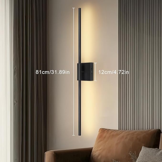 Battery Operated Wall Sconces Set of Two, Battery Wall Sconce with Remote Control, Black Modern LED Rechargeable Sconces, Wall Lights for Bedroom, Living Room, 2Pack, 31.5Inch