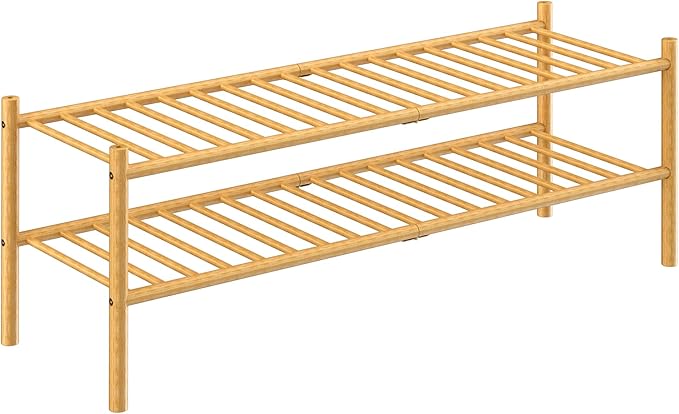2-Tier Bamboo Long Shoe Rack, Free Standing Wood Shoe Shelf Storage Organizer for Closet Entryway Stackable 35