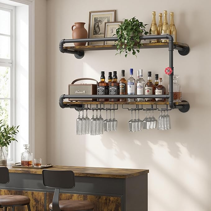 Merapi Industrial Wall Mounted Wine Rack - 2 Tier Floating Bar Shelf with Integrated Dual Glass Holder, Rustic Pipe Design Liquor Storage for Kitchen, Heavy Duty Metal & Wood Construction