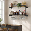 Merapi Industrial Wall Mounted Wine Rack - 2 Tier Floating Bar Shelf with Integrated Dual Glass Holder, Rustic Pipe Design Liquor Storage for Kitchen, Heavy Duty Metal & Wood Construction