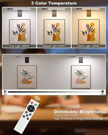 Wireless Picture Light for Wall, Rechargable Picture Light for Wall with Remote,3 Color Temperature 12'' Dimmable Magnetic,64 LED Art Light with Motion Sensor for Wall Painting, Frame, Portrait, Room