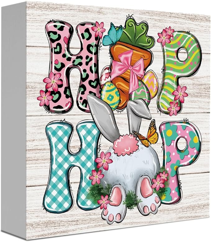 Funny Easter Sign Easter Bunny Decor Decorations Bunny Carrot Spring Flower Table Decorations Decor Indoor for Home Office Desk Table Shelf Tiered Tray Hip Hop Wooden Sign 5 X 5 Inch