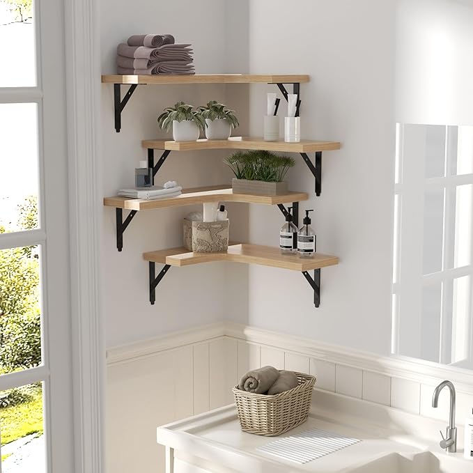 Corner Floating Shelves Wall Mounted Set of 4, Rustic Wood Storage Display Wall Shelves for Home Decor, Bathroom, Kitchen, Bedroom, Living Room, Office (Natural)