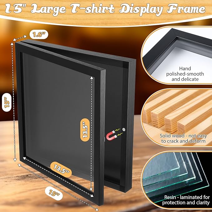 1 Pack T Shirt Display Frame, 15'' X 15'' Black Imitation Wood T Shirt Frame with 98% UV Protection Acrylic, 1