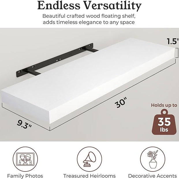 Floating Shelves for Wall, 9.3" Deep Wall Mounted Wood Shelves for Bathroom, Bedroom, Living Room, Kitchen, Hanging Shelf for Books/Storage/Room Decor (White 30")