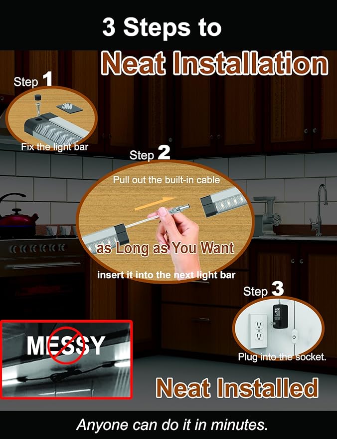 LED Under Cabinet Lighting Touch Cabinet Light Built-in Adjustable Cable No Messy Wires! 3 Panel Under Counter Lights for Kitchen Garage Pantry Closet 6500K 1350Lm Super Bright for Timer Smart Plug