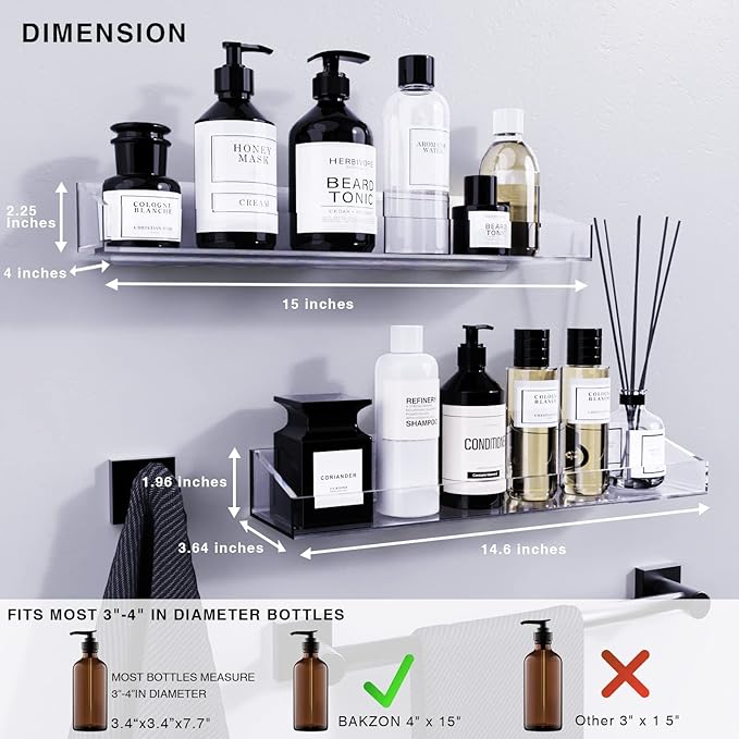 Acrylic Shower Shelves 2 Pack, Adhesive Bathroom Shelves No Drill, Clear Acrylic Shower Caddy Wall Mounted Organizer for Inside Shower, Bathroom Storage Shelf