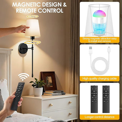 OCATO Battery Operated Wall Sconce: 10000mAh Wireless Wall Sconces Set of Two Rechargeable Lamp Dimmable Magnetic Lights with 7 RGB Colors and Remote Walls Decor for Bedroom Living Room Hallway