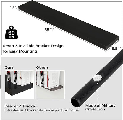 Floating Shelves for Wall 55"W x 10"D x 1.5"H, Long Engineered Wood Wall Shelves with Invisible Brackets for Living Room Bedroom Bathroom Office Kitchen Decor and Storage, Black Finish, Set of 1