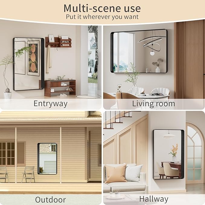 Koonmi Black Wall Mirror for Bathroom, 36x55 Inch Matte Deep Framed Rounded Rectangle Vanity Mirror for Farmhouse Living Room, Tempered Glass, Anti-Rust, Vertically or Horizontally
