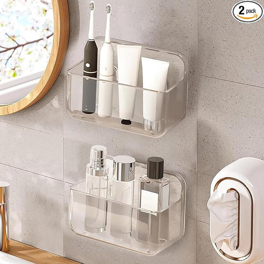 Diesisa 2pc Acrylic Wall Mount Organizer, Acrylic Adhesive Organizer, Clear Shelf, Bathroom Shelves for Wall,No Drilling Hang Walls,with Self Adhesive Tape, for Bathroom, Kitchen, Living Room