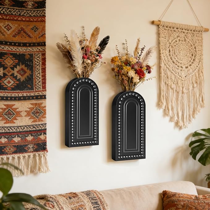 2 Pack Wooden Wall Vase Set with Bead, Modern Farmhouse Boho Wall Decor for Living Room, Entryway, Hallway, Bathroom, Dining Room, Black Wall Art for Home Decoration