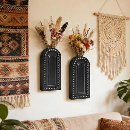 2 Pack Wooden Wall Vase Set with Bead, Modern Farmhouse Boho Wall Decor for Living Room, Entryway, Hallway, Bathroom, Dining Room, Black Wall Art for Home Decoration