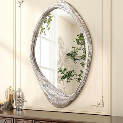 AAZZKANG Irregular Wooden Wall Mirror 28"x20" Large Asymmetrical Decorative Rustic Mirrors for Bedroom Living Room Entryway