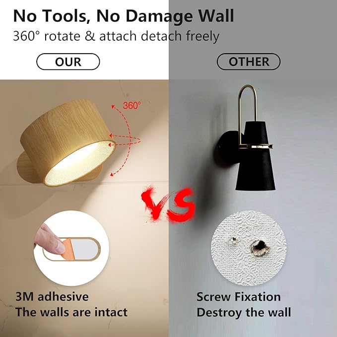 Koopala LED Sconces, Wall Mounted Lamps with Rechargeable Battery Operated USB Port 3 Color Temperatures & 3 Brightness Levels 360°Rotate Magnetic Ball, Cordless Lights for Reading Bedside