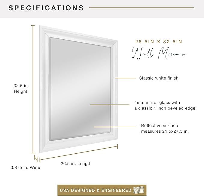 MCS Large Wall Mirror, Modern Rectangle Mirror Home Decor for Living Room, Bedroom, or Bathroom, 26.5 by 32.5 Inch, White