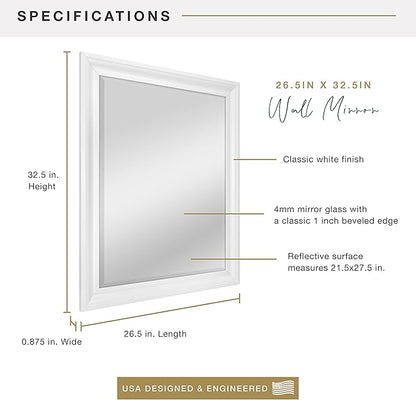 MCS Large Wall Mirror, Modern Rectangle Mirror Home Decor for Living Room, Bedroom, or Bathroom, 26.5 by 32.5 Inch, White