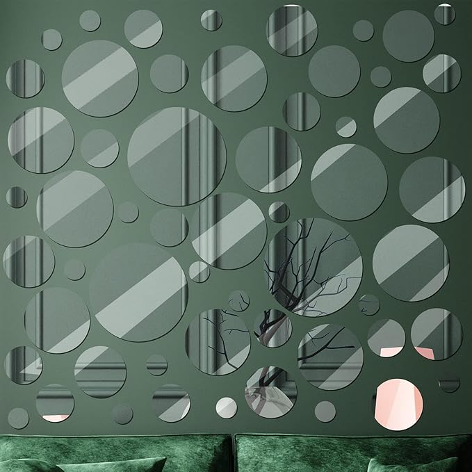 Jetec 56 Pcs Real Glass Round Mirror Tiles Frameless Wall Glass Tiles Round Wall-Mount Mirrors with Acrylic Double Sided Adhesive for Bedroom Bathroom Craft(2/3/4/6/8/10 Inch)