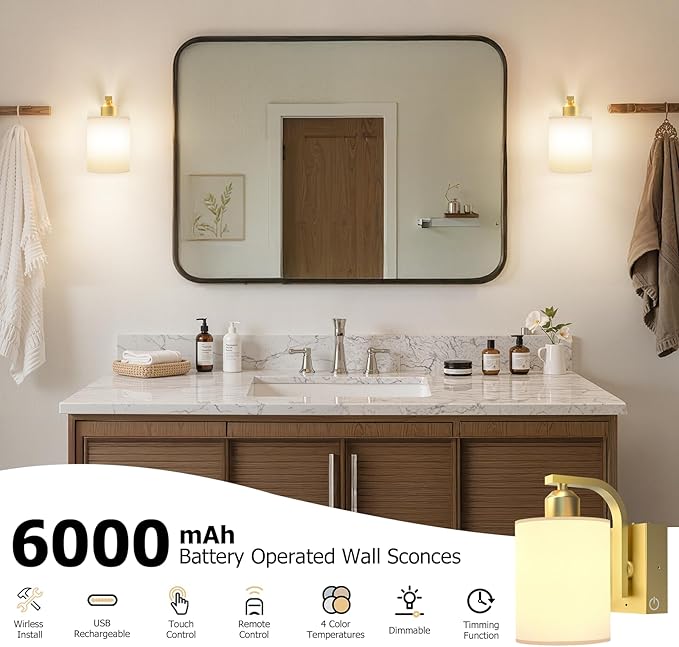 iThird Battery Operated Wall Sconces Set of 2: 6000mAh Rechargeable Wall Light with Touch and Remote, Wireless Wall Lamp for Bedroom, Gold Modern Cordless Wall Scones for Living Room Hallway Bathroom